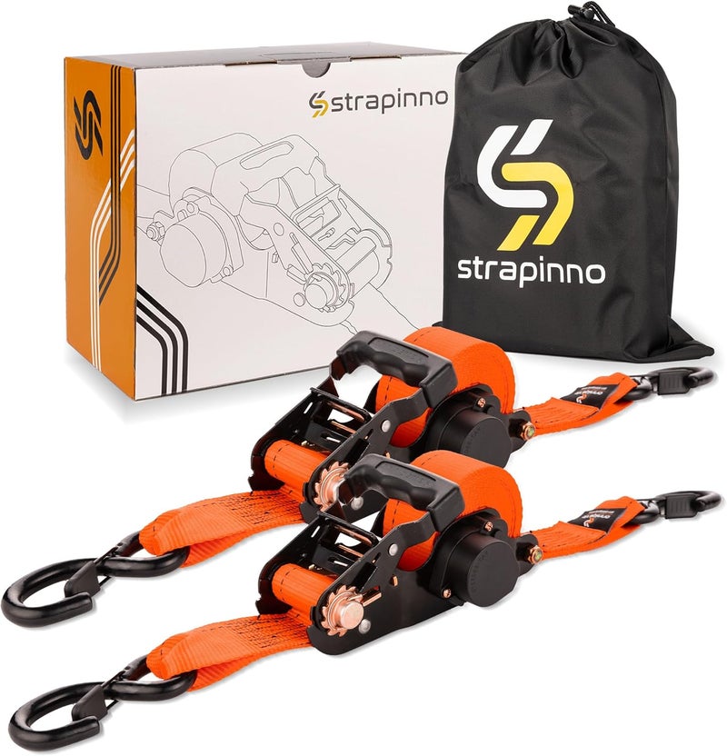 Strapinno 2PCs Retractable Ratchet Tie-Down Straps,5,000 lbs Break Strength- 2 in x 12 ft Heavy Duty Ratchet Strap with Safety Lock S Hooks for Motorcycles, ATVs, UTVs, Lawn Equipment & Cargo-Orange - Image 1